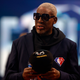Dennis Rodman reacts after being introduced as part of the NBA 75th Anniversary Team during the 2022 NBA All-Star Game at Rocket Mortgage Fieldhouse on February 20, 2022 in Cleveland, Ohio.